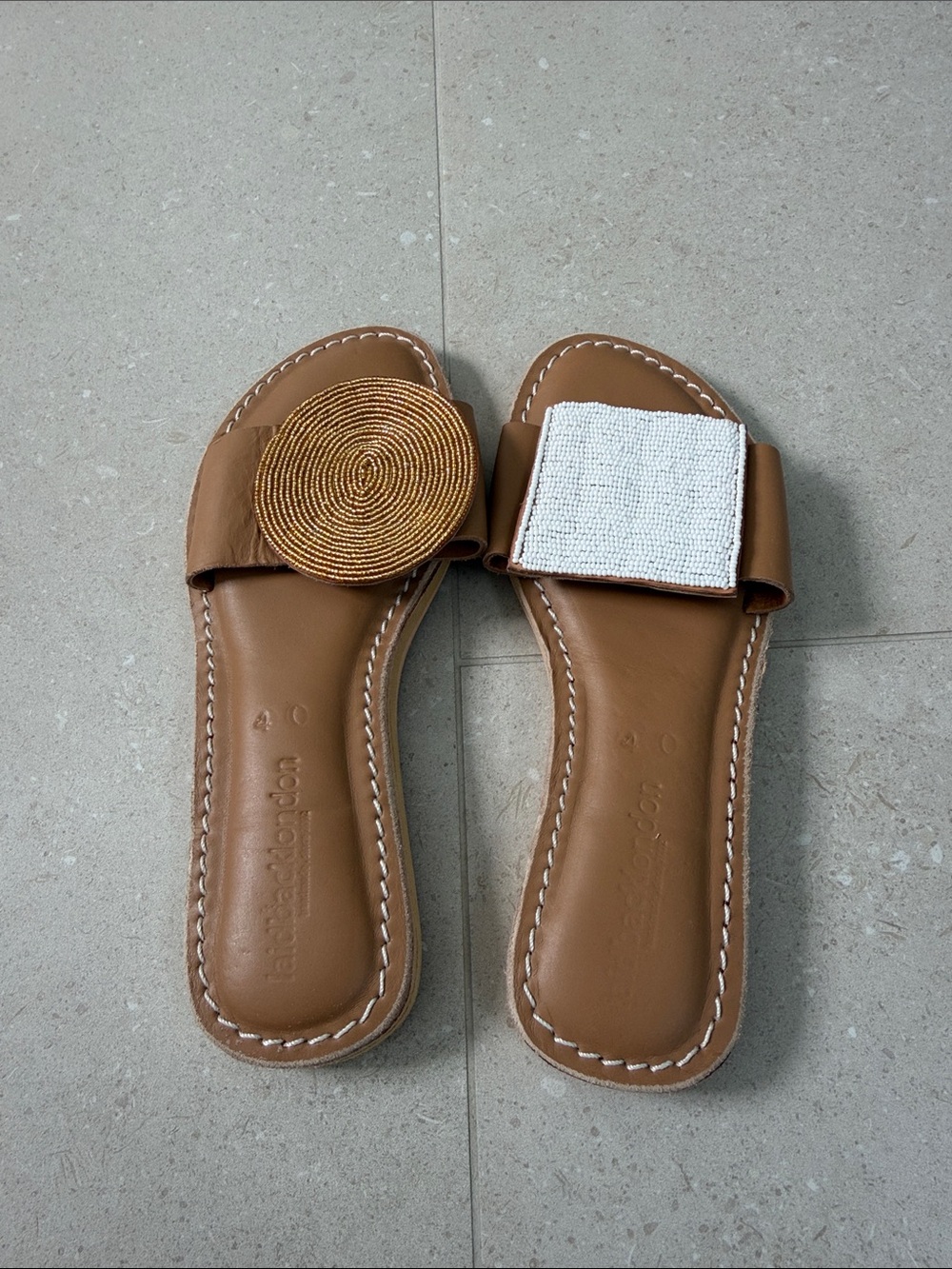 Women’s Tan Mix Match Slide Sandals with Beaded Accent Detail - Picture 4 of 4